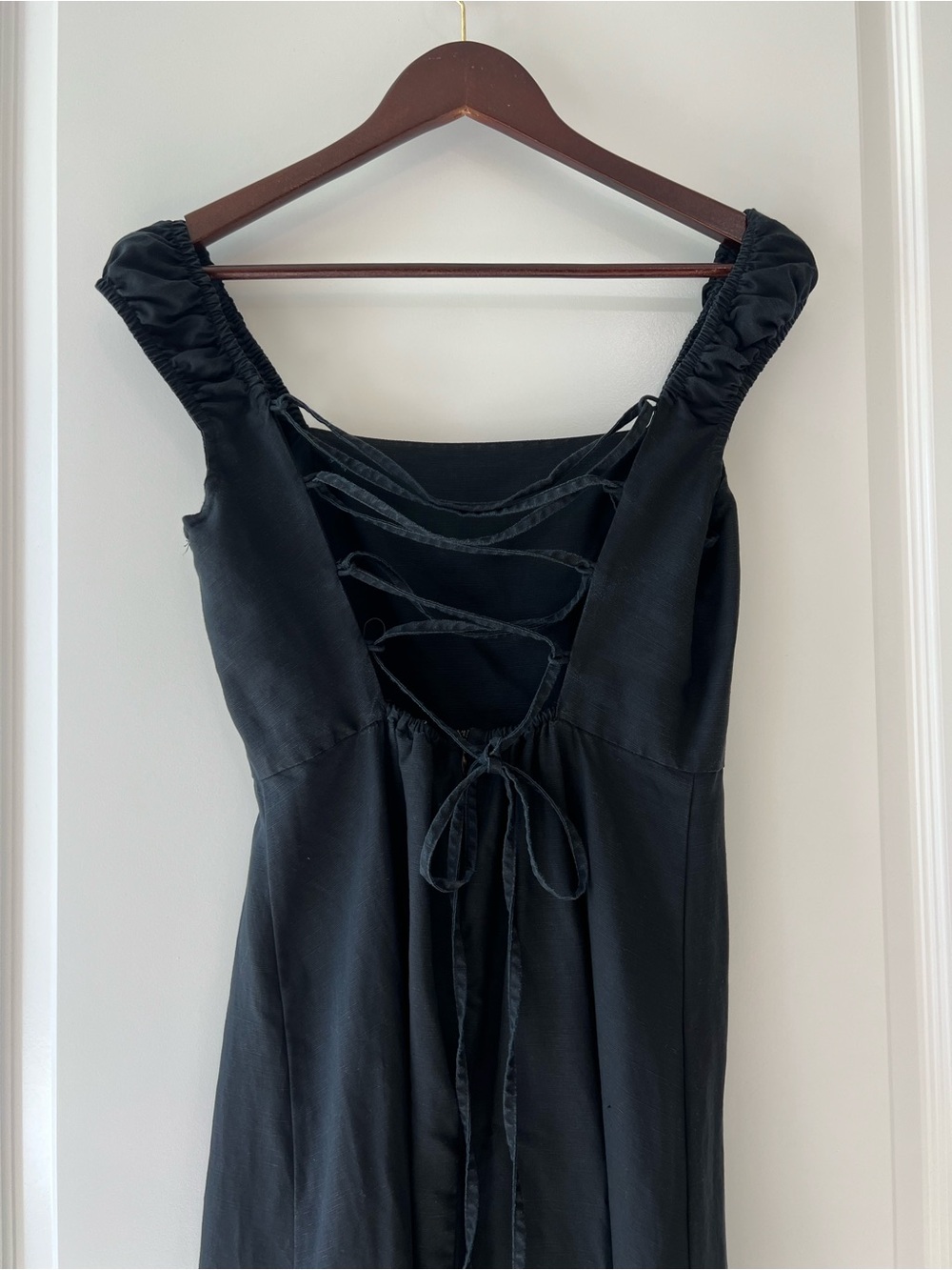 Zara Black Linen-Blend Maxi Dress Lace-Up Tie Back Square Neck Side Slit Medium - Picture 6 of 12
